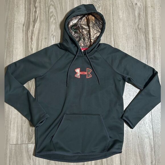 Womems Under Armour Dark Charcoal With Camo And Bright Coral Logo Hoodie, Medium - Picture 1 of 5